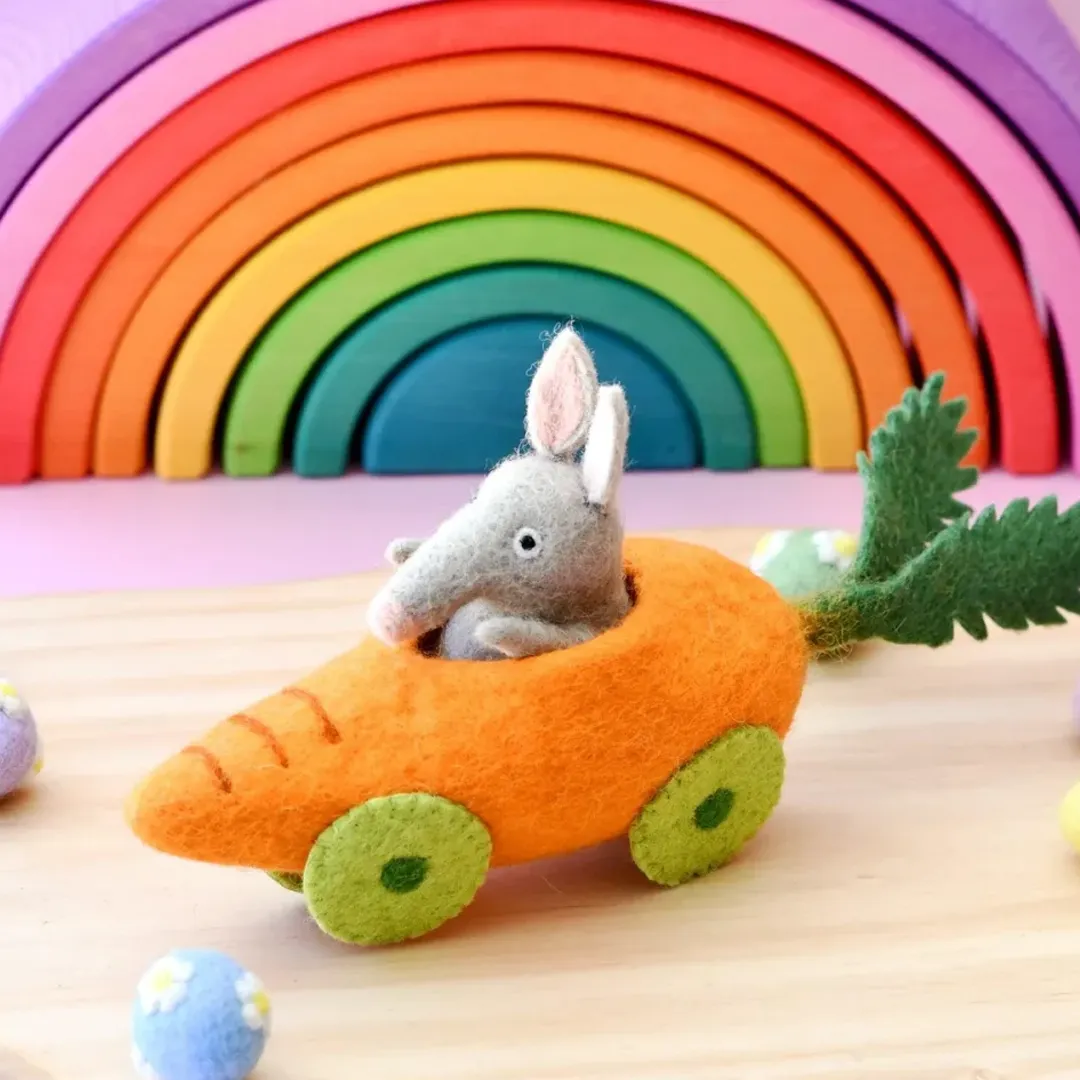Felt Bilby Figurine in Carrot Car